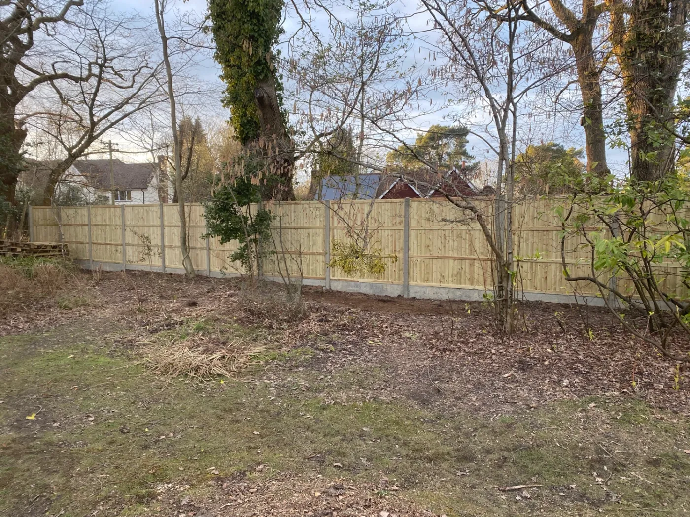 New fence line installed along a wooded boundary